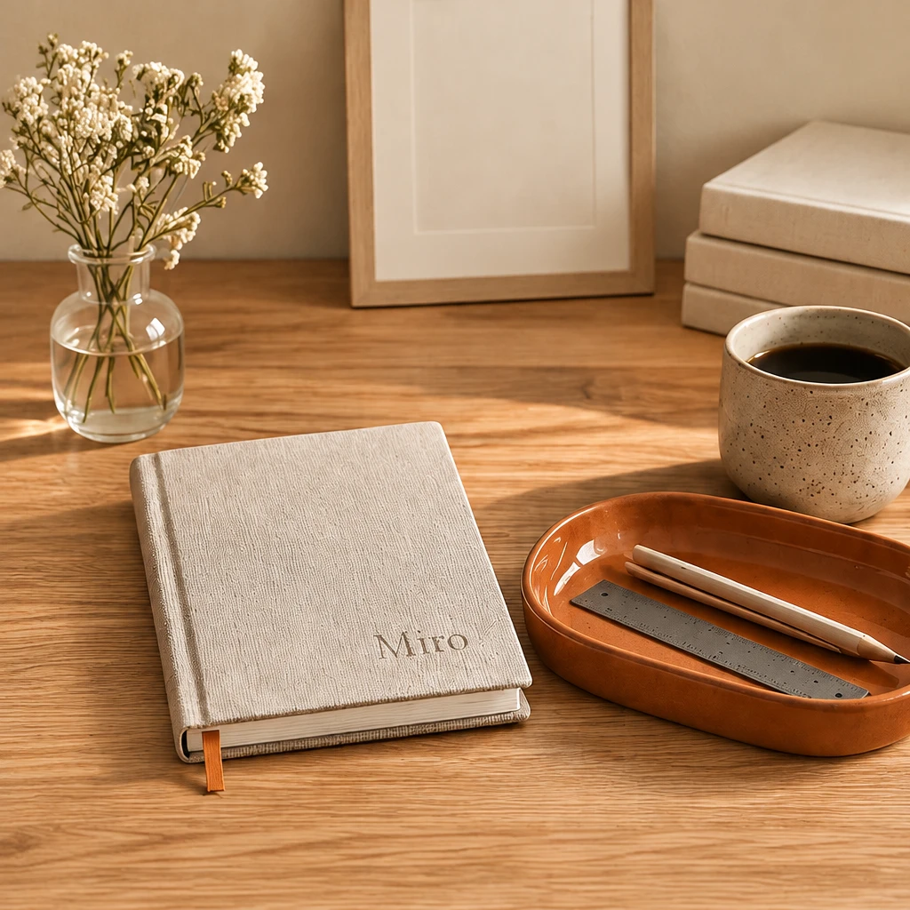 Werkplekstilleven: linnen notitieboek, terracotta bakje met liniaal en potlood, koffiekop en droogbloemen op houten bureau